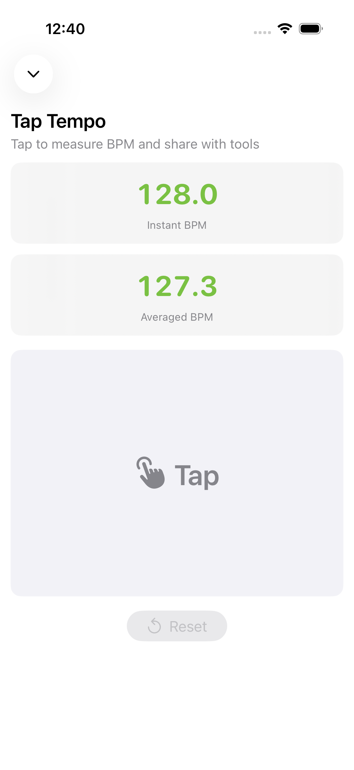 Tap Tempo preset screen on iPhone